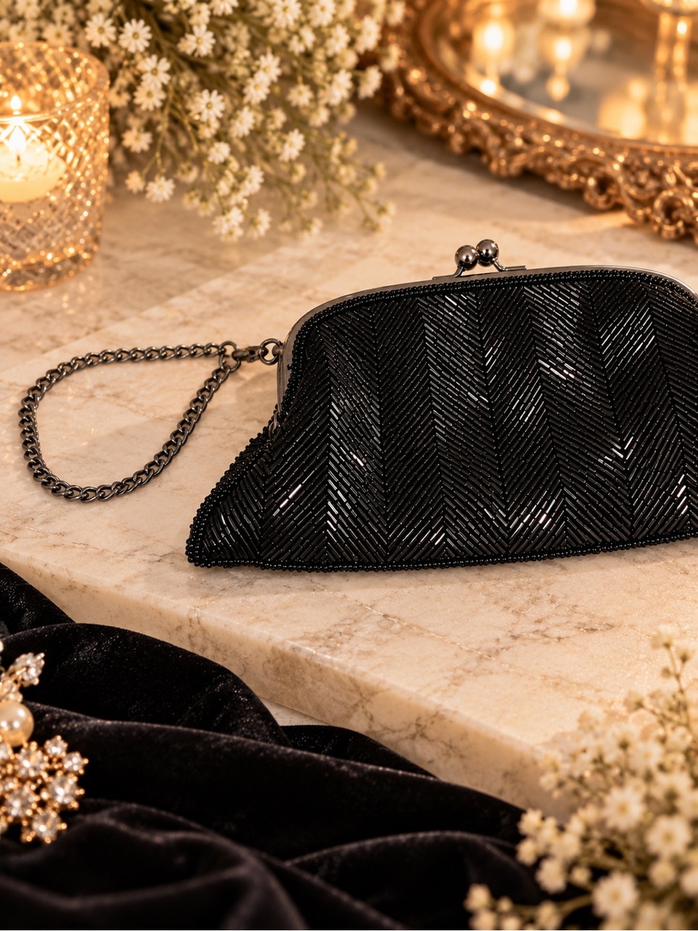 The Limited Vintage Black Chevron Beaded Evening Bag Kiss Lock Clutch Wristlet